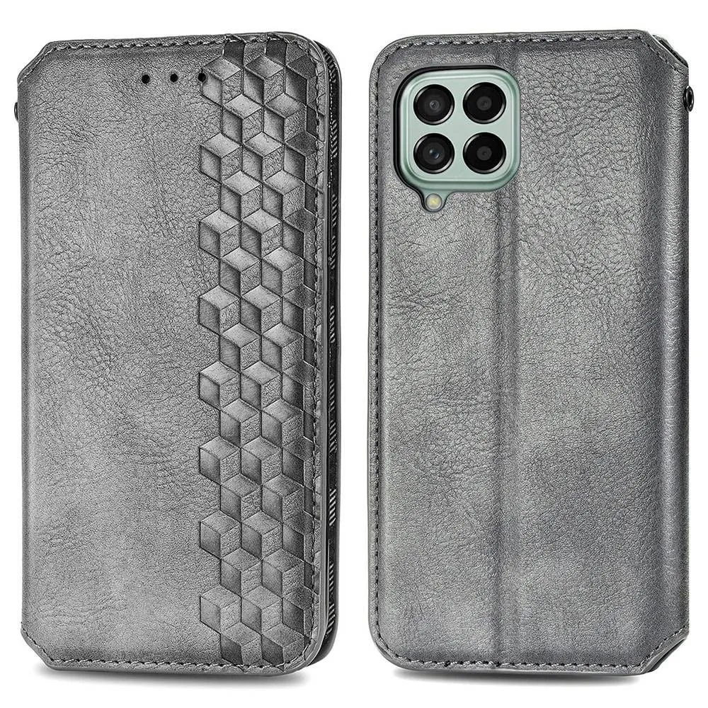 Leather case with a stylish rhombus imprint for Samsung Galaxy M53 5G - Grey