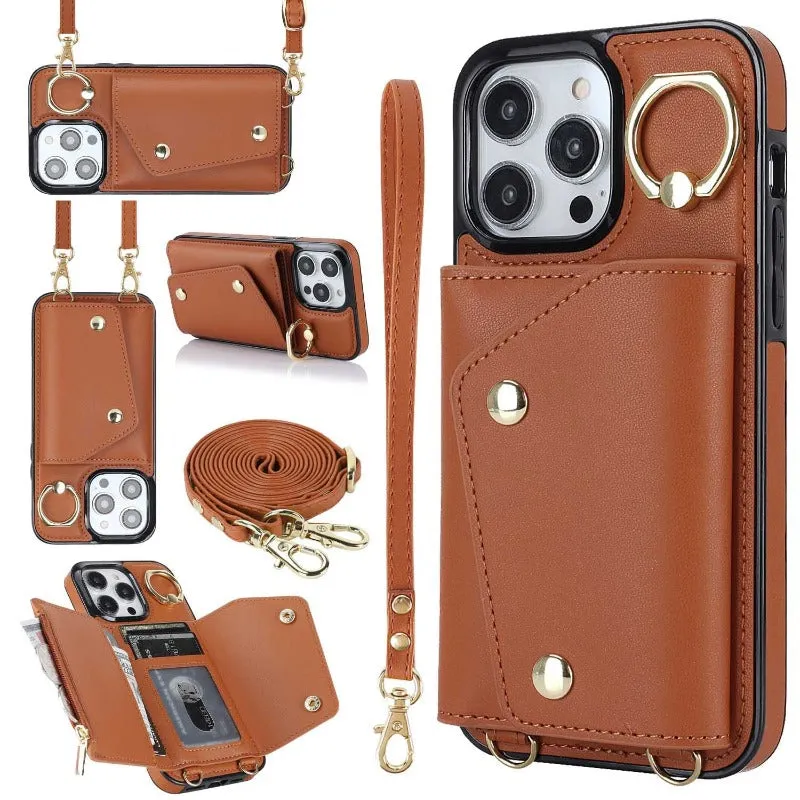 Leather Phone Case With Holder Lanyard Wallet Crossbody For iPhone