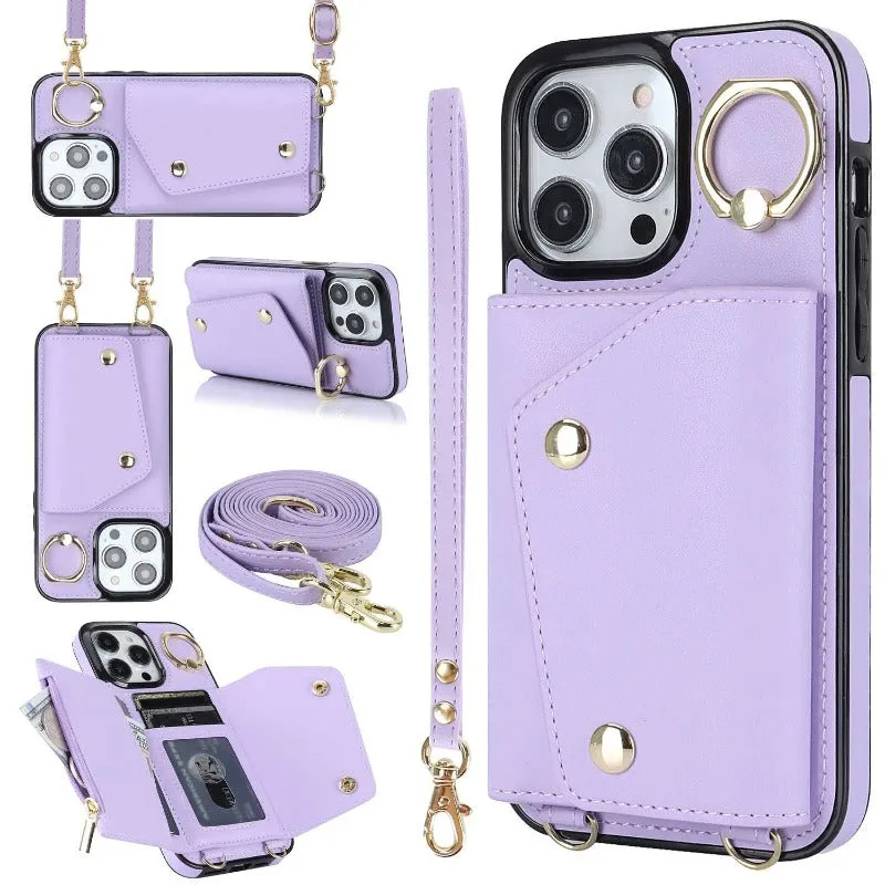 Leather Phone Case With Holder Lanyard Wallet Crossbody For iPhone