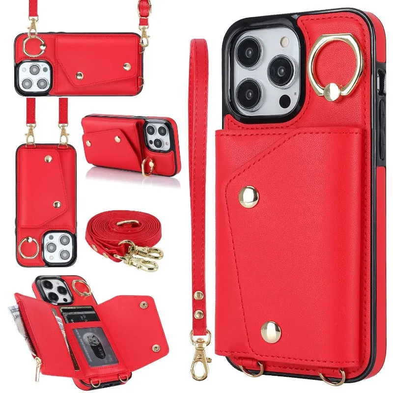 Leather Phone Case With Holder Lanyard Wallet Crossbody For iPhone