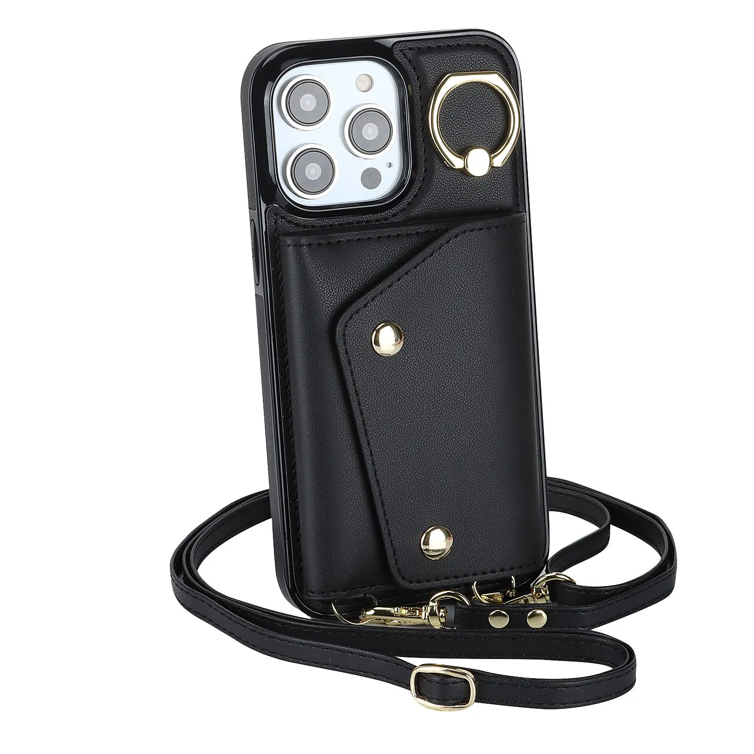 Leather Phone Case With Holder Lanyard Wallet Crossbody For iPhone