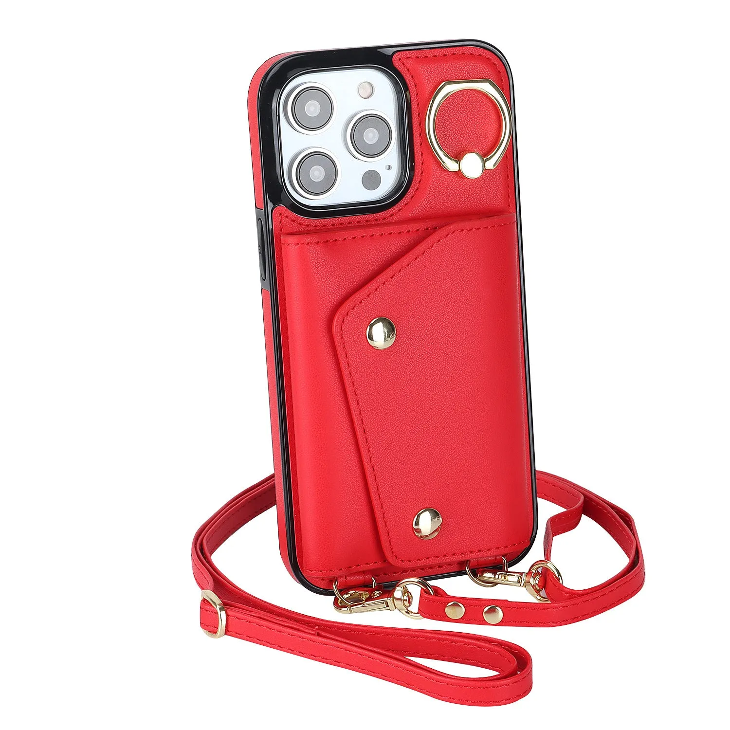 Leather Phone Case With Holder Lanyard Wallet Crossbody For iPhone