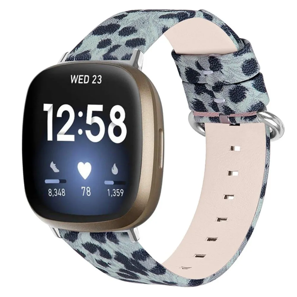 Leopard texture genuine leather watch strap  for Fitbit Sense / Versa 3 - Grey / Black