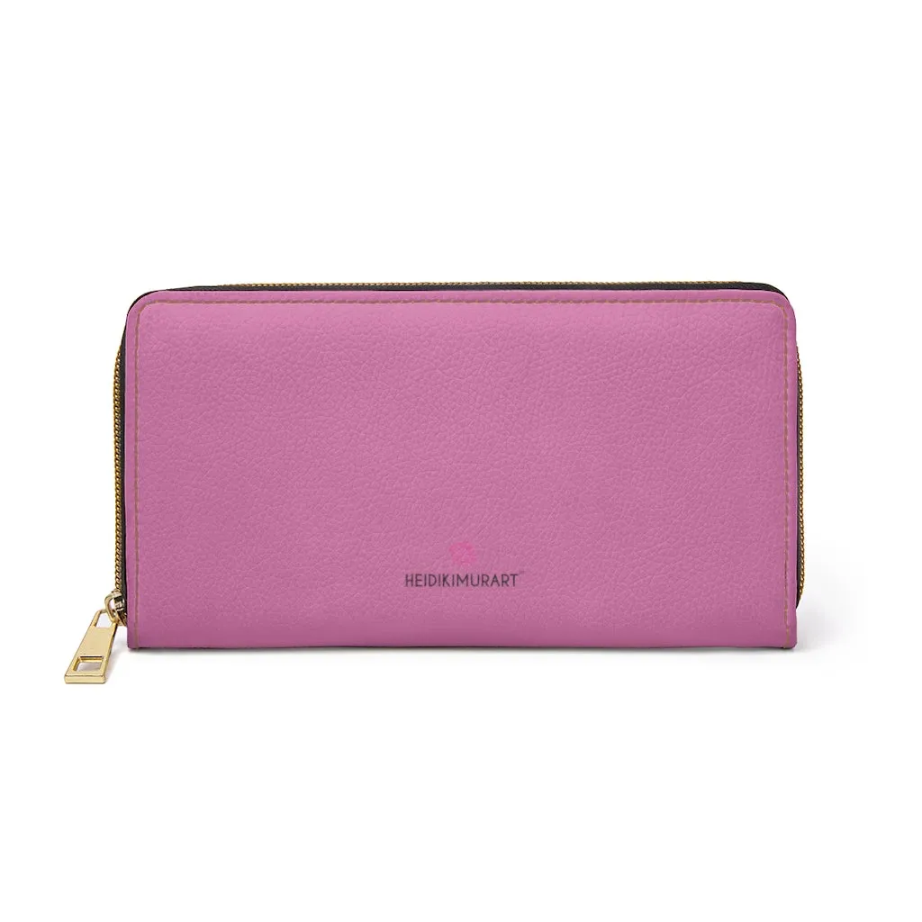 Light Pink Color Zipper Wallet, Solid Pink Color Long Compact Designer Premium Quality Women's Wallet