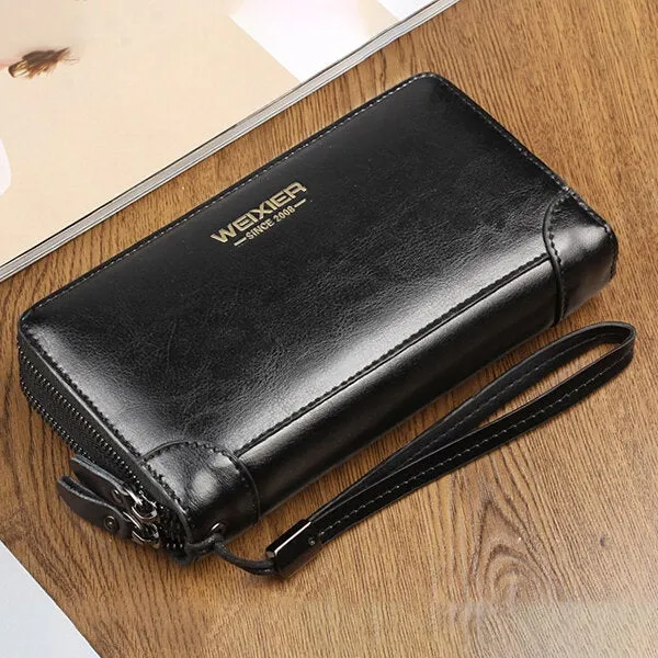 Men Oil Wax Leather Vintage Long Wallet Card Holder Phone Bag