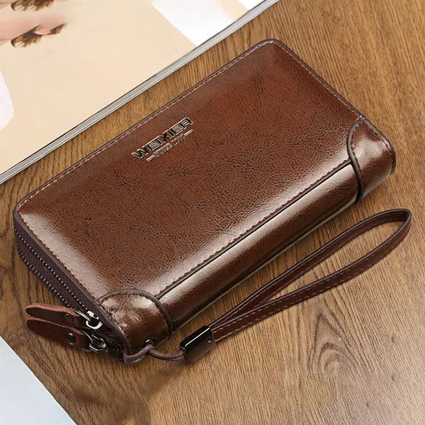 Men Oil Wax Leather Vintage Long Wallet Card Holder Phone Bag