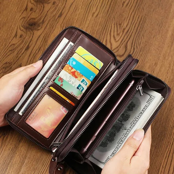 Men Oil Wax Leather Vintage Long Wallet Card Holder Phone Bag