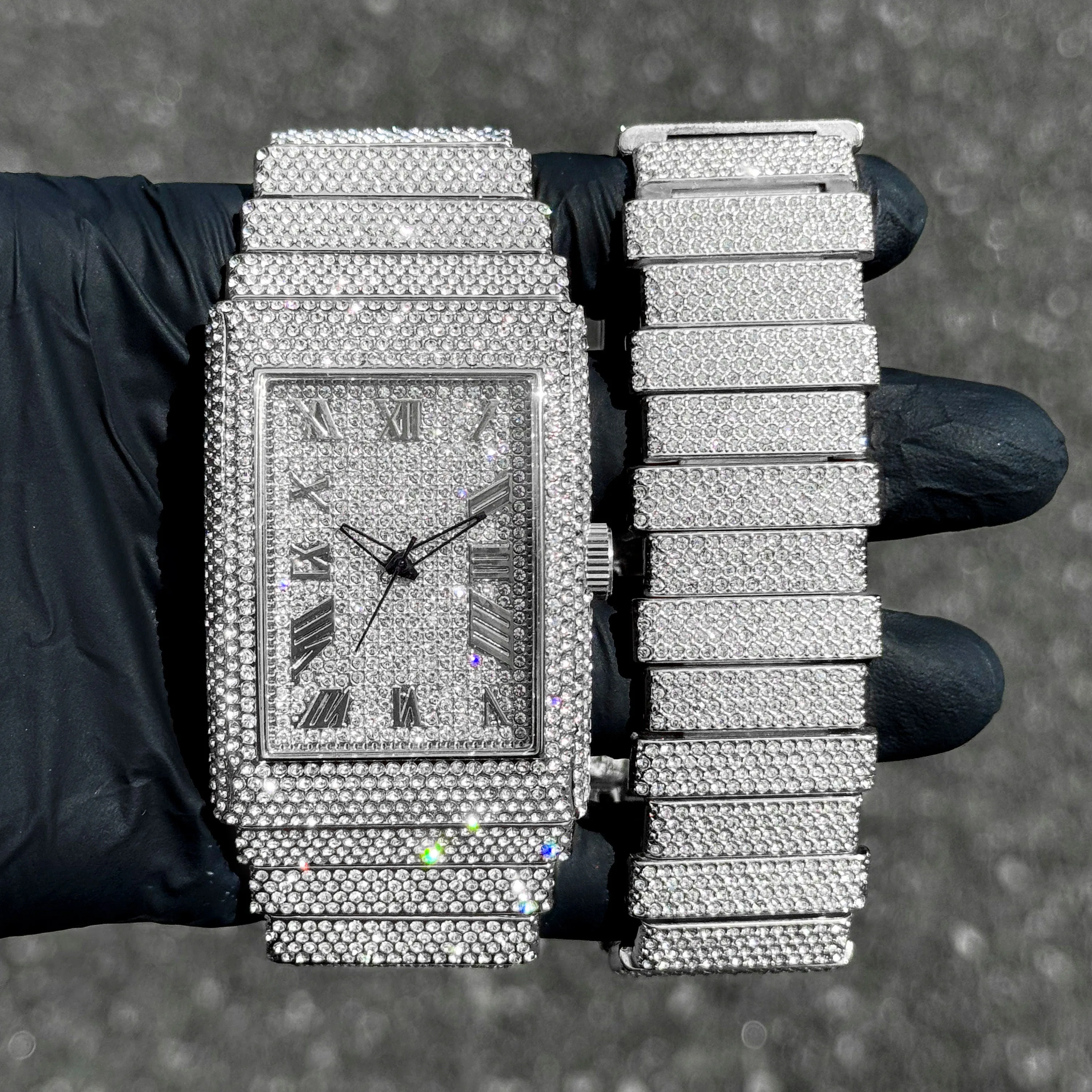 Men's 40mm Fully Iced Out Diamond Watch and Unique Staggered Link Bracelet - 2-Piece Watch & Jewelry Set