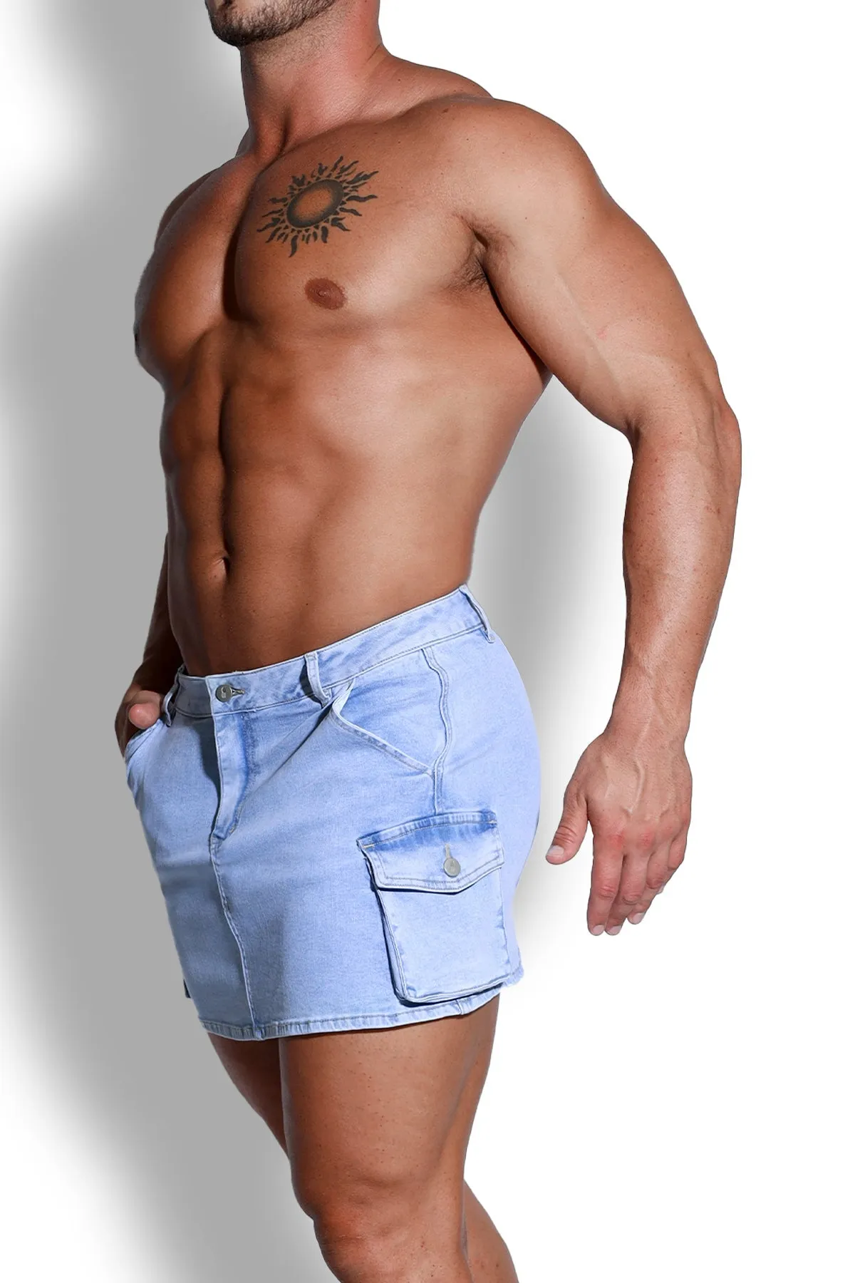 Men's Denim Cargo Skirt - Faded Light Blue