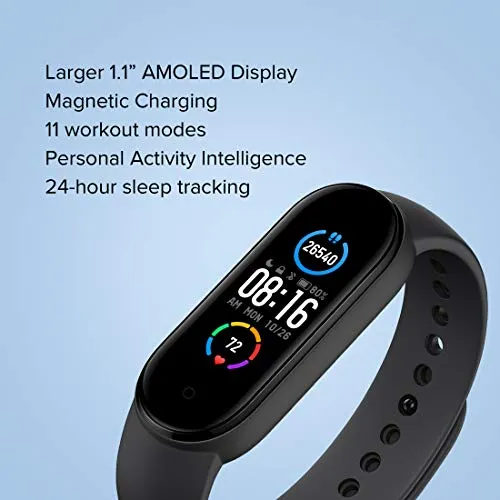 Mi Smart Band 5 – India’s No. 1 Fitness Band, 1.1-inch AMOLED Color Display, Magnetic Charging, 2 Weeks Battery Life, Personal Activity Intelligence (PAI), Women’s Health Tracking