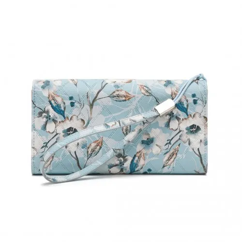 Miss Lulu Ladies' Flower Printed PU Leather Long Purse - Stylish Blue Wallet for Women with Ample Card Slots and Detachable Wrist Strap