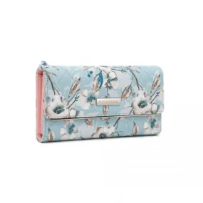 Miss Lulu Ladies' Flower Printed PU Leather Long Purse - Stylish Blue Wallet for Women with Ample Card Slots and Detachable Wrist Strap