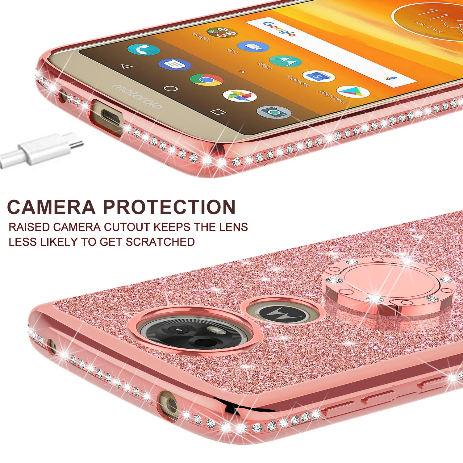 Motorola Moto E5 Plus , e5 Supra Case, Glitter Cute Phone Case Girls with Kickstand,Bling Diamond Rhinestone Bumper Ring Stand Sparkly Luxury Clear Thin Soft Protective Motorola Moto E5 Plus Case for Girl Women - Rose Gold