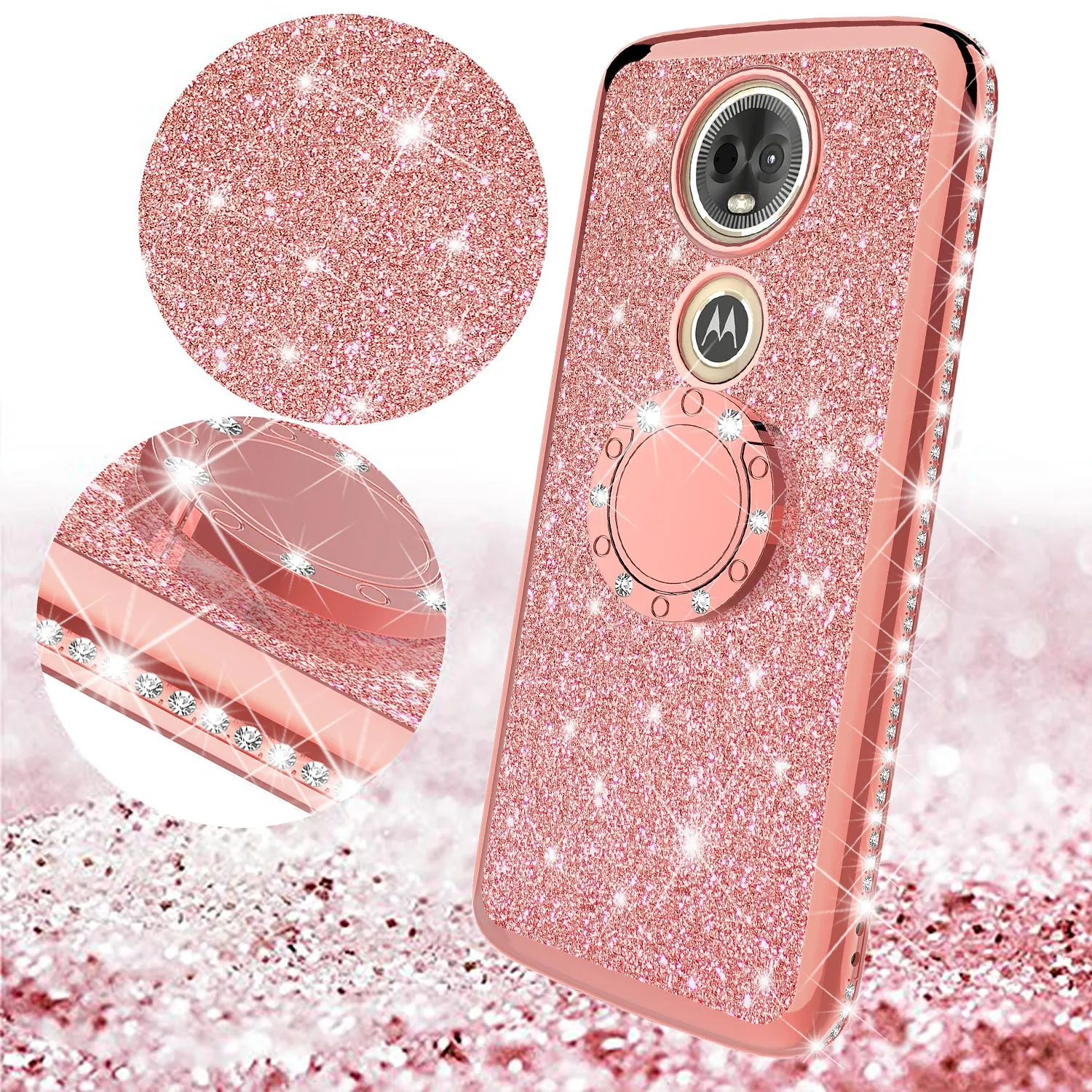 Motorola Moto E5 Plus , e5 Supra Case, Glitter Cute Phone Case Girls with Kickstand,Bling Diamond Rhinestone Bumper Ring Stand Sparkly Luxury Clear Thin Soft Protective Motorola Moto E5 Plus Case for Girl Women - Rose Gold