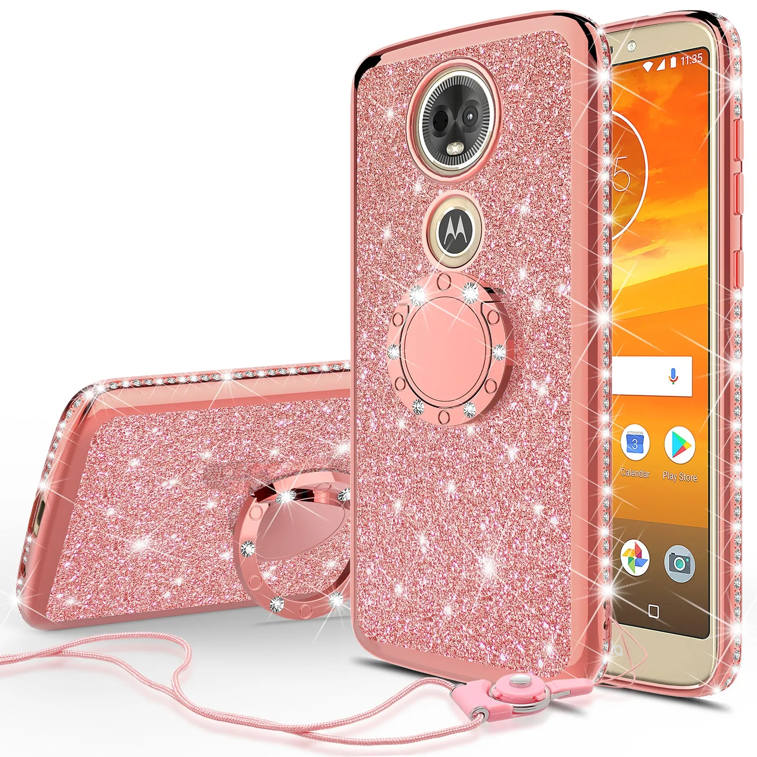 Motorola Moto E5 Plus , e5 Supra Case, Glitter Cute Phone Case Girls with Kickstand,Bling Diamond Rhinestone Bumper Ring Stand Sparkly Luxury Clear Thin Soft Protective Motorola Moto E5 Plus Case for Girl Women - Rose Gold