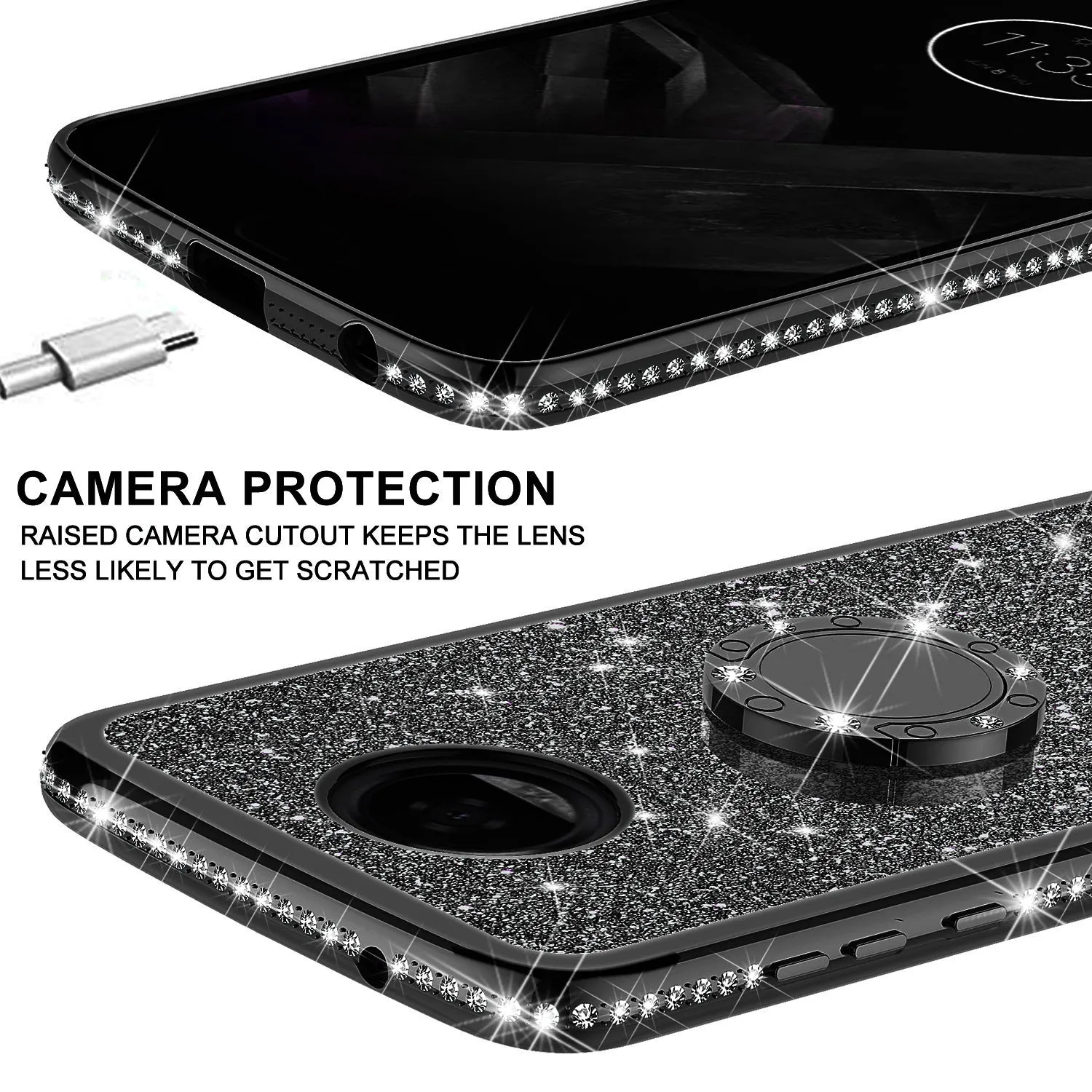 Motorola Moto Z2 Play Case, Glitter Cute Phone Case Girls with Kickstand,Bling Diamond Rhinestone Bumper Ring Stand Sparkly Luxury Clear Thin Soft Protective Motorola Moto Z2 Play Case for Girl Women - Black