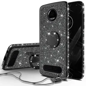 Motorola Moto Z2 Play Case, Glitter Cute Phone Case Girls with Kickstand,Bling Diamond Rhinestone Bumper Ring Stand Sparkly Luxury Clear Thin Soft Protective Motorola Moto Z2 Play Case for Girl Women - Black