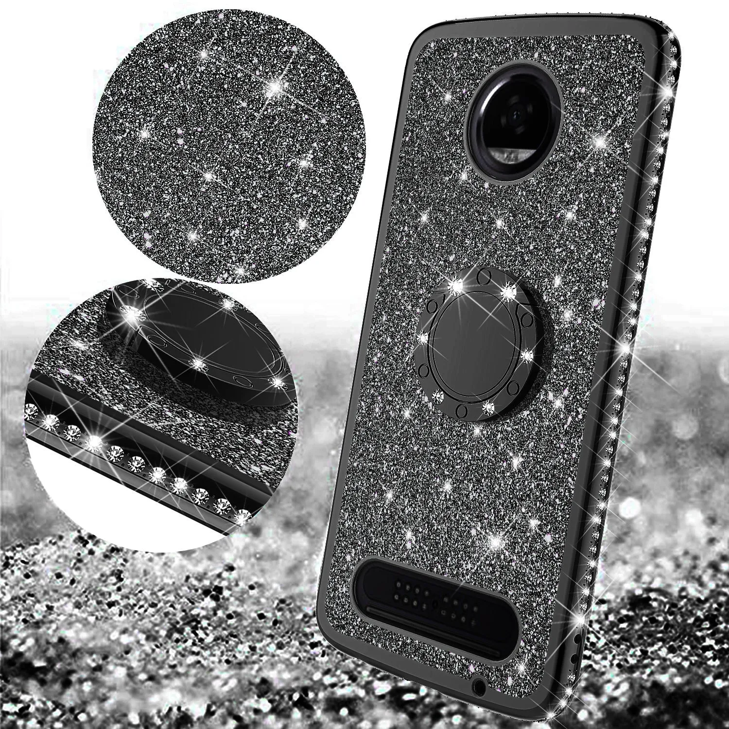 Motorola Moto Z2 Play Case, Glitter Cute Phone Case Girls with Kickstand,Bling Diamond Rhinestone Bumper Ring Stand Sparkly Luxury Clear Thin Soft Protective Motorola Moto Z2 Play Case for Girl Women - Black