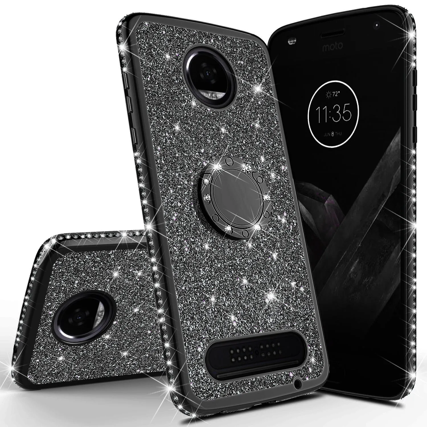 Motorola Moto Z2 Play Case, Glitter Cute Phone Case Girls with Kickstand,Bling Diamond Rhinestone Bumper Ring Stand Sparkly Luxury Clear Thin Soft Protective Motorola Moto Z2 Play Case for Girl Women - Black