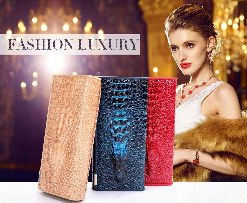 New Arrival 3D Crocodile Grain Women Long Wallets Genuine Leather Embossed Design Draw-out Type Female Wallet Clutch Purses Carteira