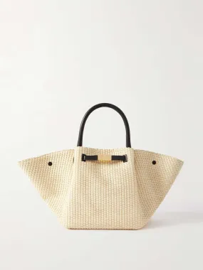 New York leather-trimmed raffia tote