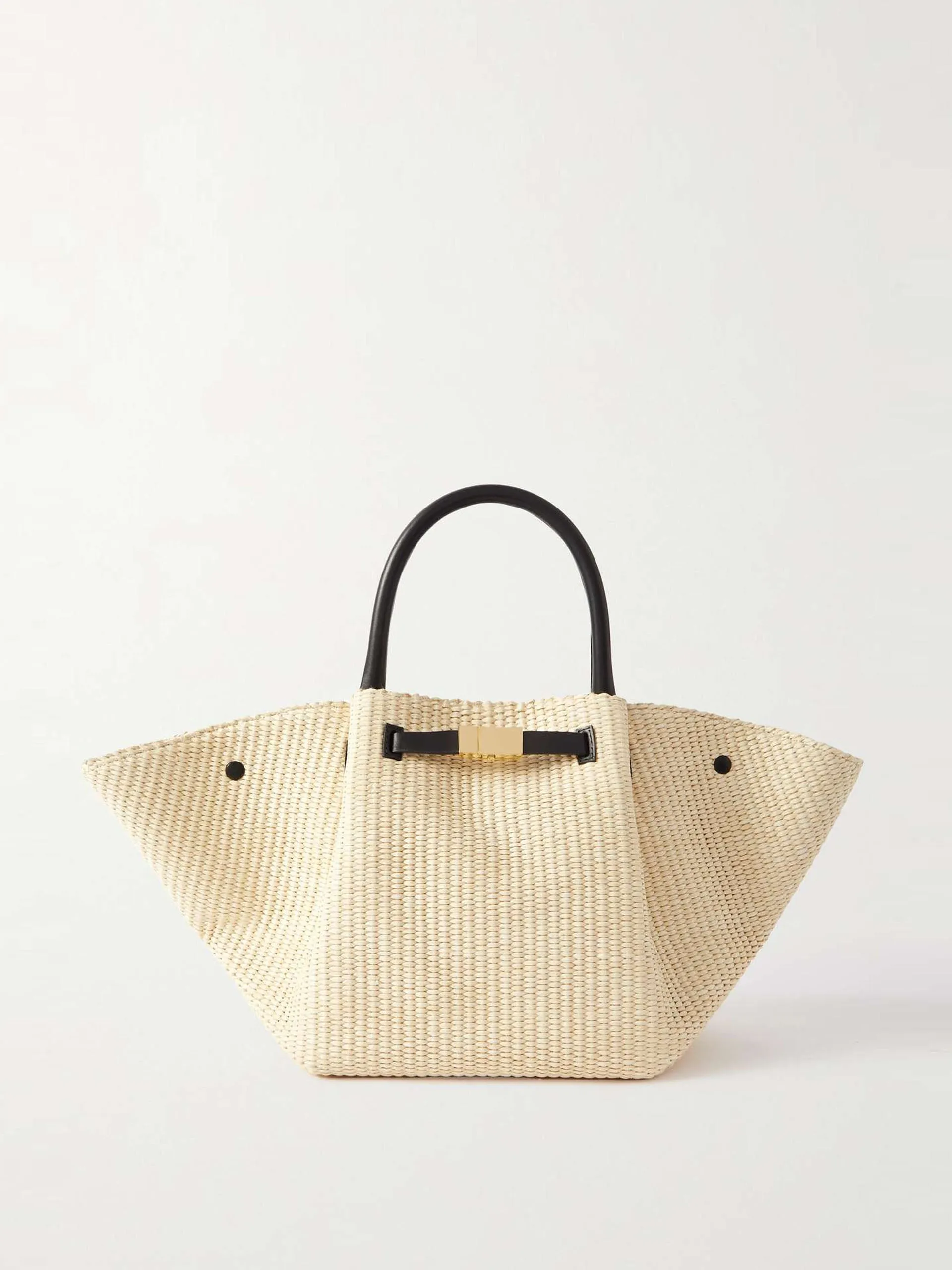 New York leather-trimmed raffia tote