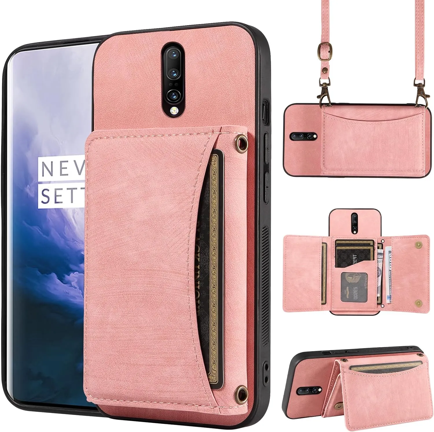 OnePlus 7 Pro Wallet Cover Crossbody Shoulder Strap and Leather Credit Card Holder