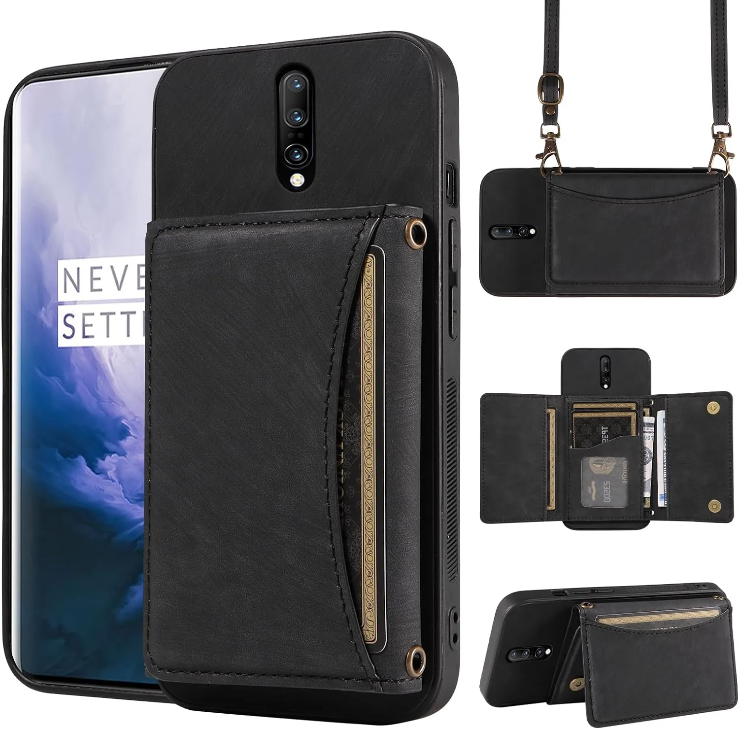 OnePlus 7 Pro Wallet Cover Crossbody Shoulder Strap and Leather Credit Card Holder