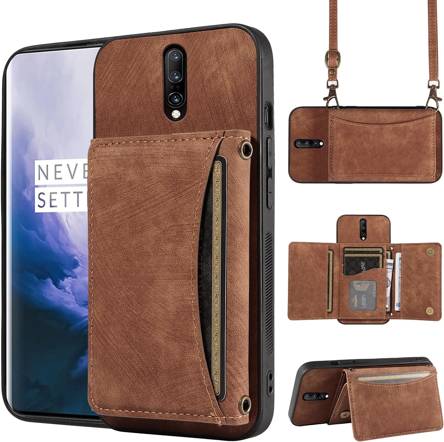 OnePlus 7 Pro Wallet Cover Crossbody Shoulder Strap and Leather Credit Card Holder