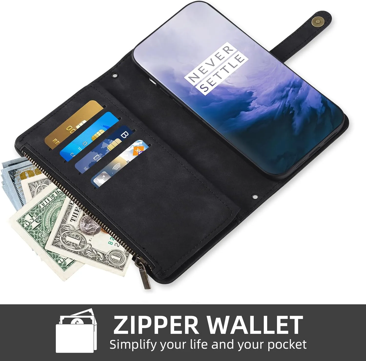 OnePlus 7 Pro Wallet Cover  Screen Protector Crossbody Zipper Card Holder