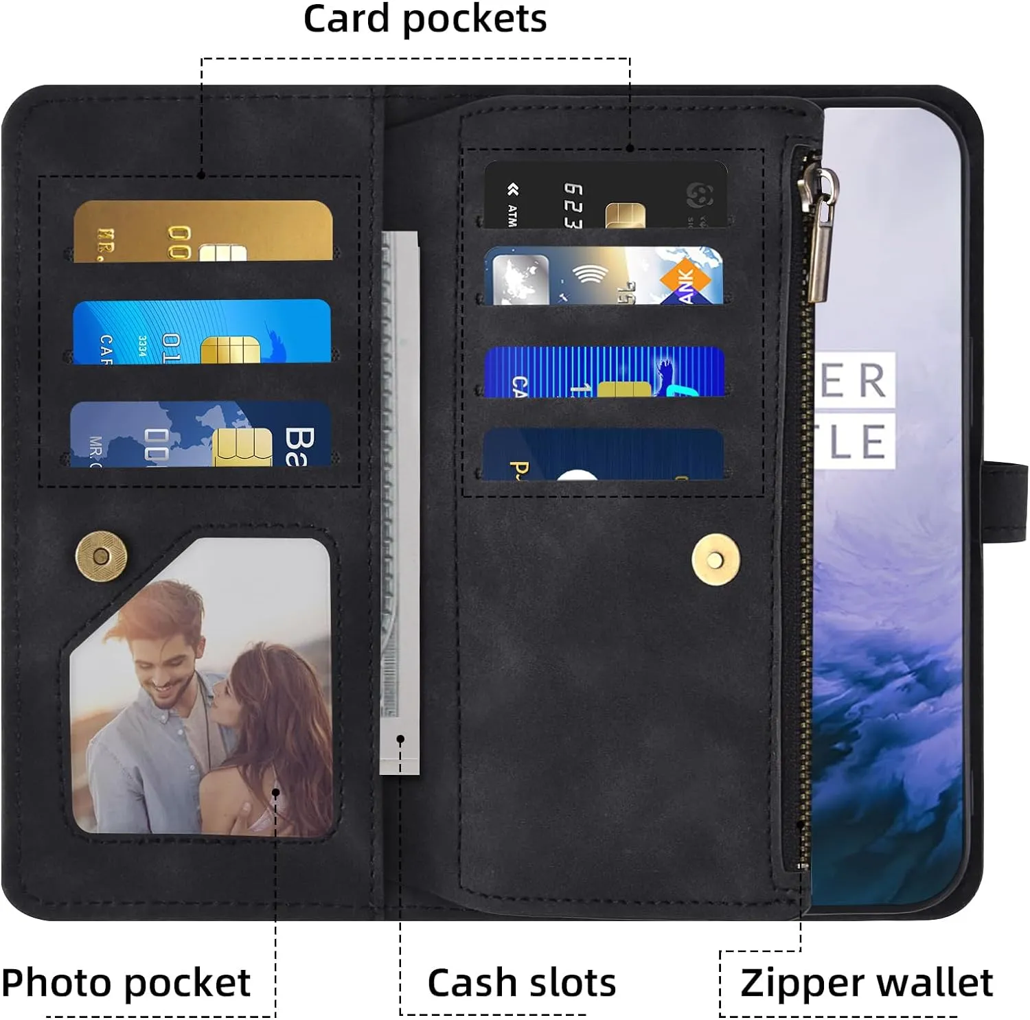 OnePlus 7 Pro Wallet Cover  Screen Protector Crossbody Zipper Card Holder