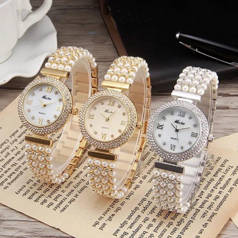 Pearl Strap Round Dial Women's Watch