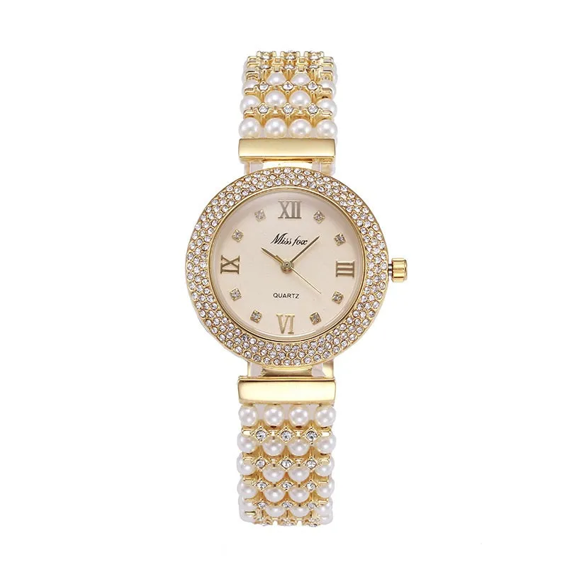 Pearl Strap Round Dial Women's Watch