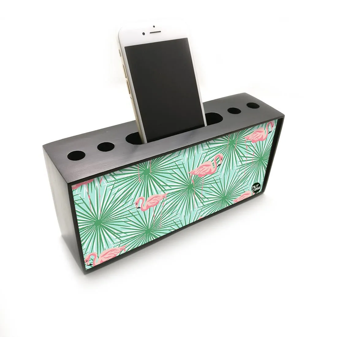 Pen Mobile Stand Holder Desk Organizer - Flamingos With Leaves