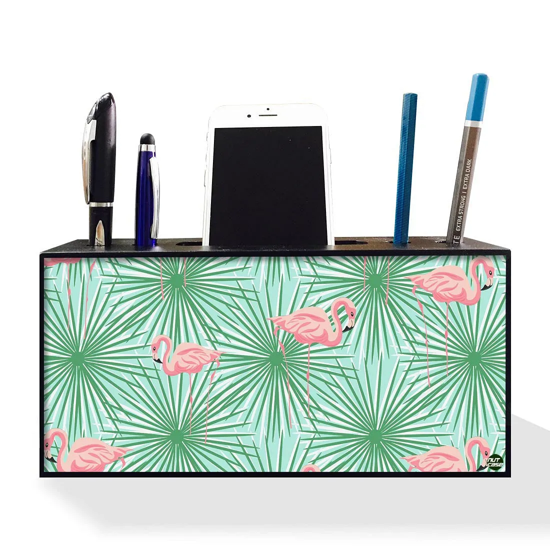 Pen Mobile Stand Holder Desk Organizer - Flamingos With Leaves