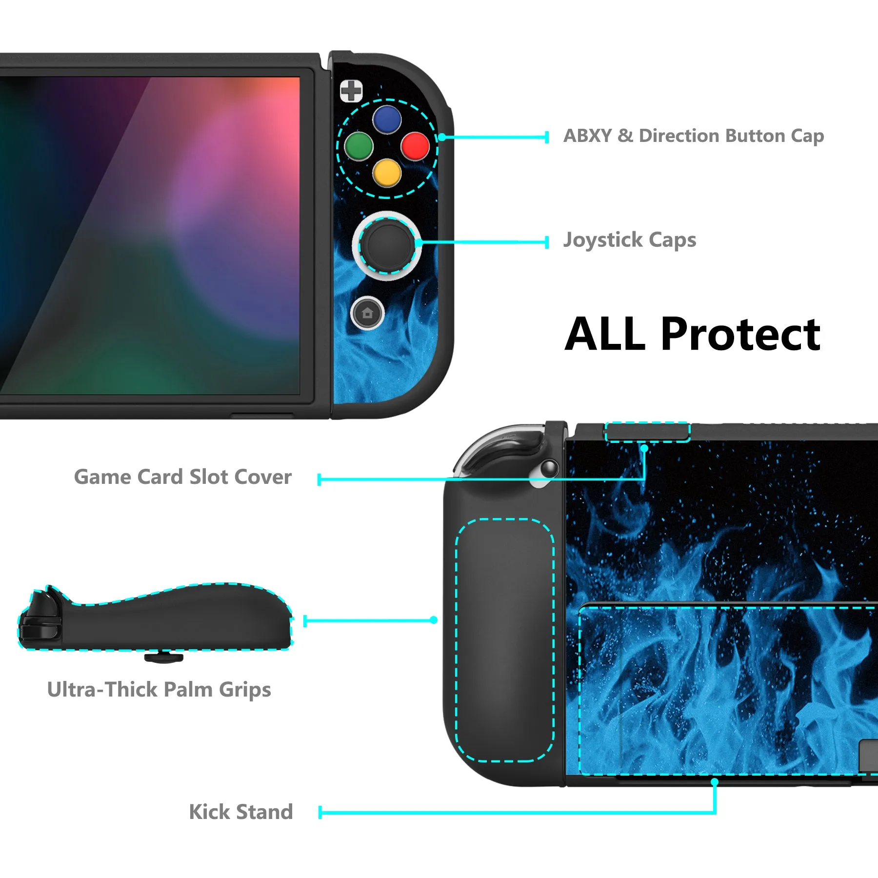 PlayVital ZealProtect Soft Protective Case for Nintendo Switch OLED, Flexible Protector Joycon Grip Cover for Nintendo Switch OLED with Thumb Grip Caps & ABXY Direction Button Caps - Blue Flame - XSOYV6003