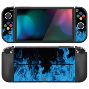 PlayVital ZealProtect Soft Protective Case for Nintendo Switch OLED, Flexible Protector Joycon Grip Cover for Nintendo Switch OLED with Thumb Grip Caps & ABXY Direction Button Caps - Blue Flame - XSOYV6003