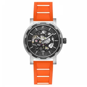 PUNCH Mens Watch, Black & Silver Skeleton Automatic Watch - Orange Rubber Strap