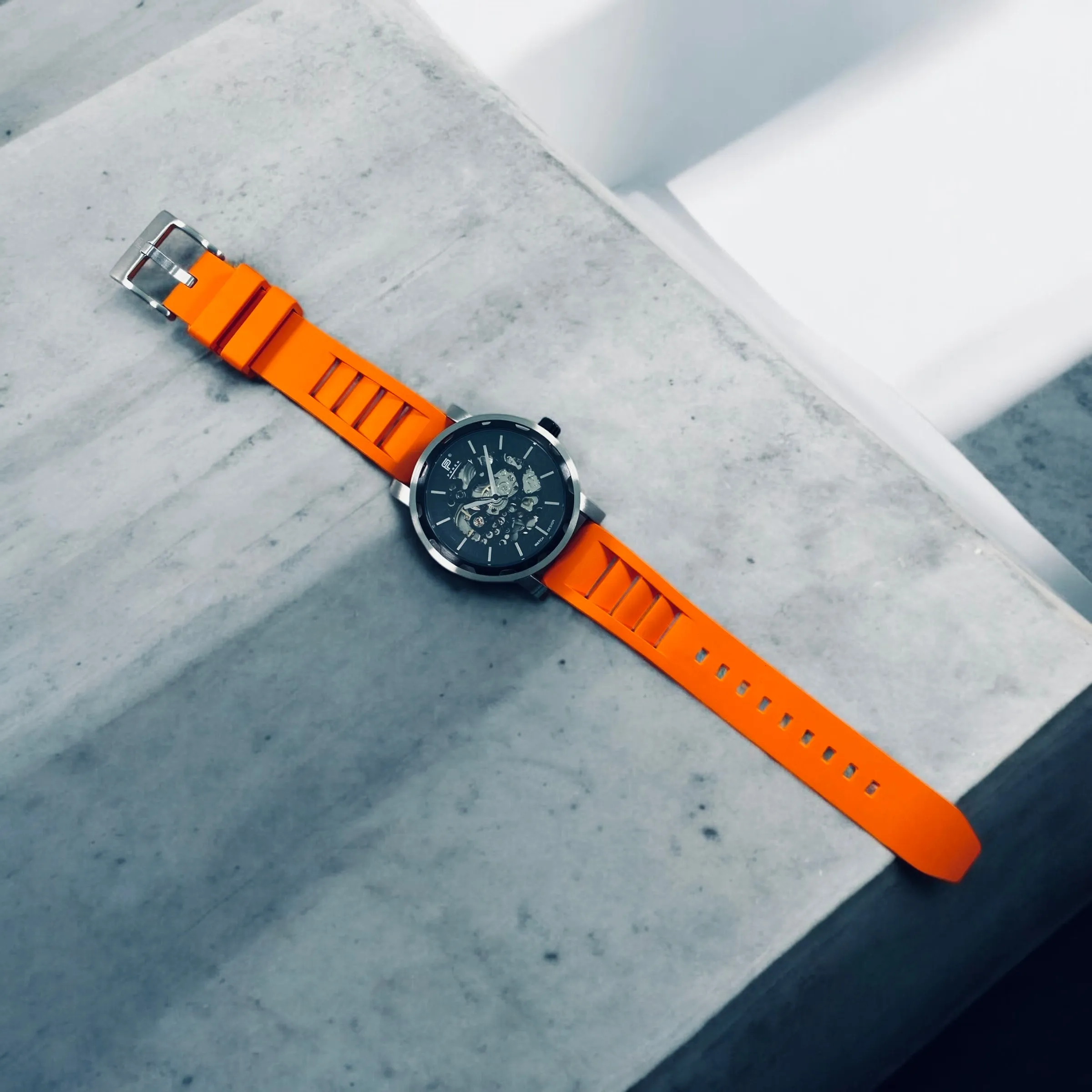 PUNCH Mens Watch, Black & Silver Skeleton Automatic Watch - Orange Rubber Strap