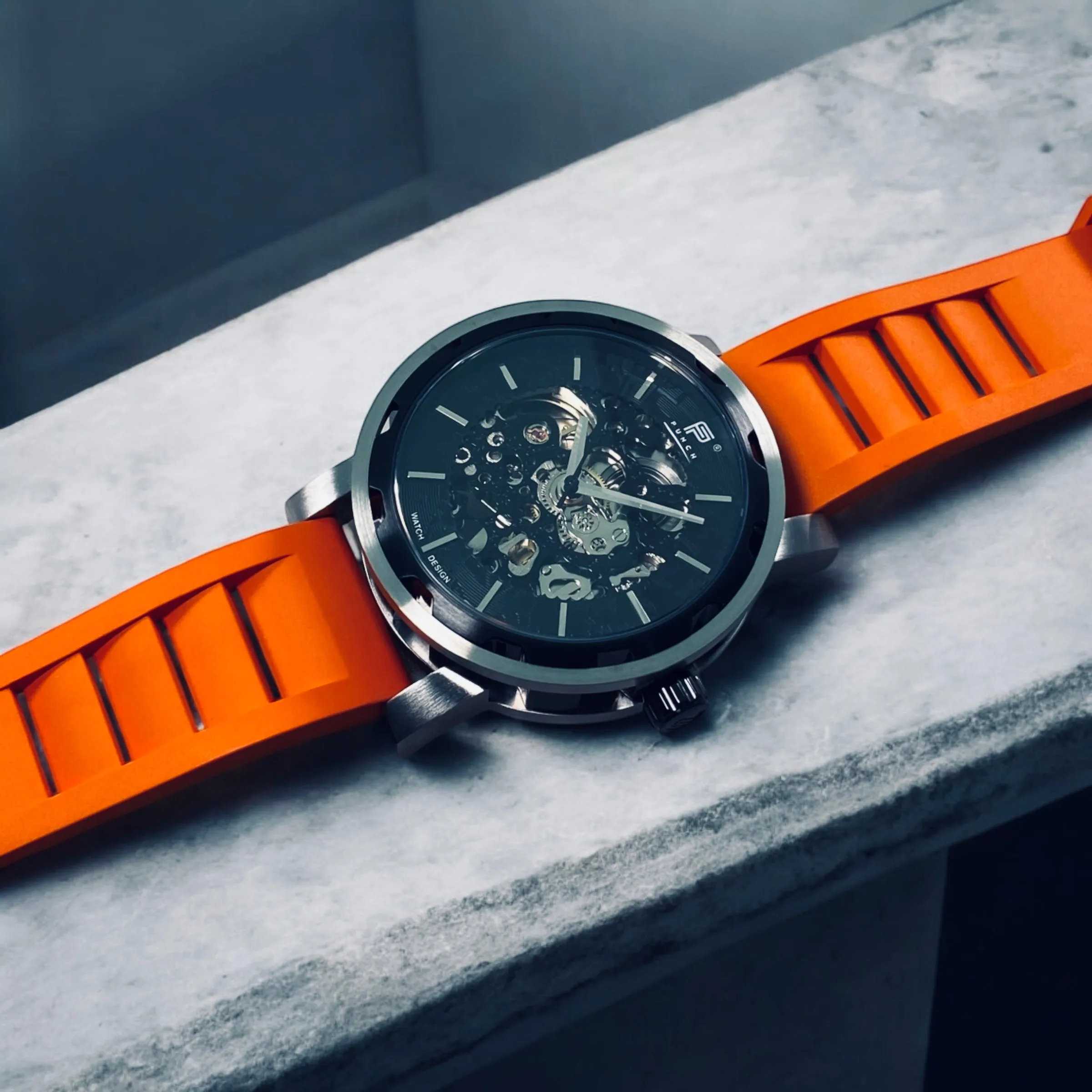 PUNCH Mens Watch, Black & Silver Skeleton Automatic Watch - Orange Rubber Strap