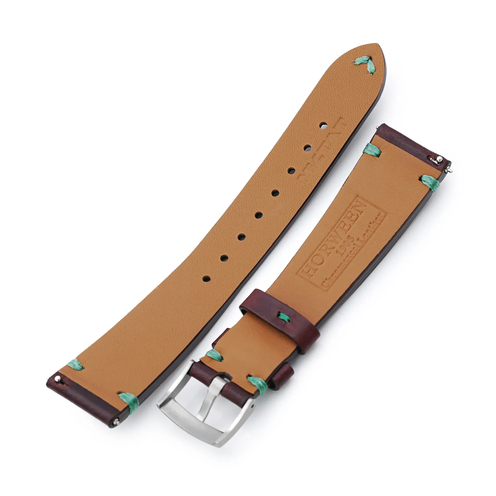 Q.R. 19mm, 20mm Burgundy Horween Chromexcel Watch Strap,Green Stitching