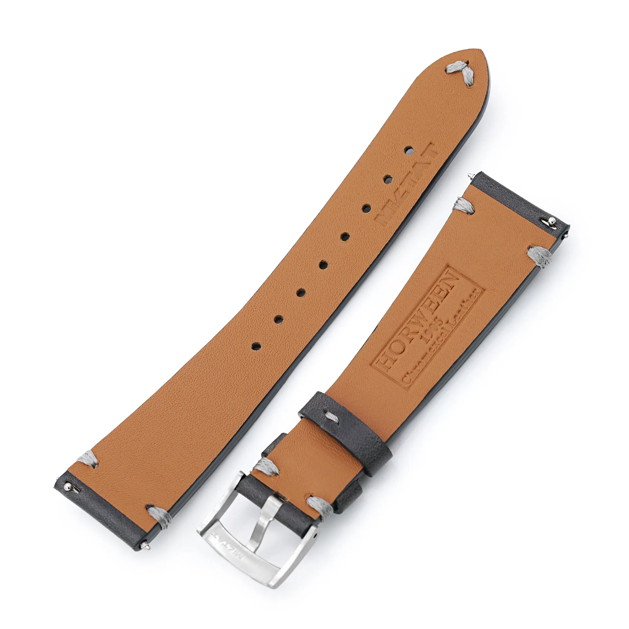 Q.R. 19mm to 21mm Dark Grey Horween Chromexcel Watch Strap, Grey Stitching