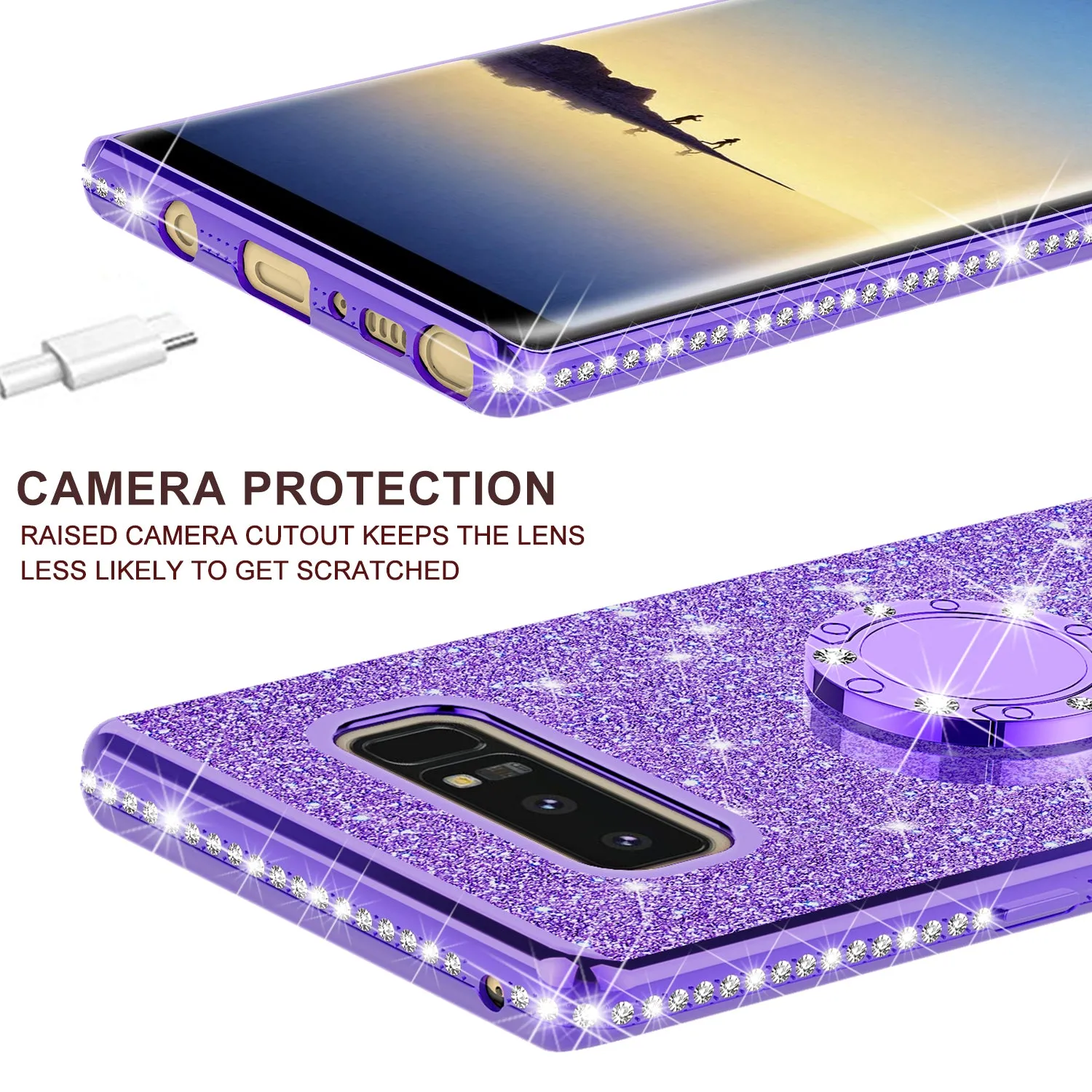 Samsung Galaxy Note 8 Case, Glitter Cute Phone Case Girls with Kickstand,Bling Diamond Rhinestone Bumper Ring Stand Sparkly Luxury Clear Thin Soft Protective Samsung Galaxy Note 8 Case for Girl Women - Purple