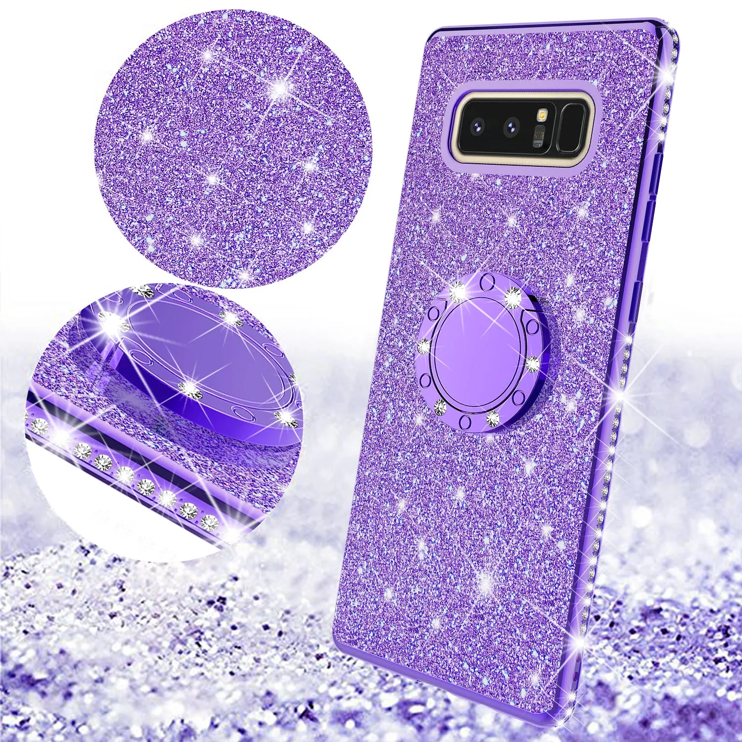 Samsung Galaxy Note 8 Case, Glitter Cute Phone Case Girls with Kickstand,Bling Diamond Rhinestone Bumper Ring Stand Sparkly Luxury Clear Thin Soft Protective Samsung Galaxy Note 8 Case for Girl Women - Purple