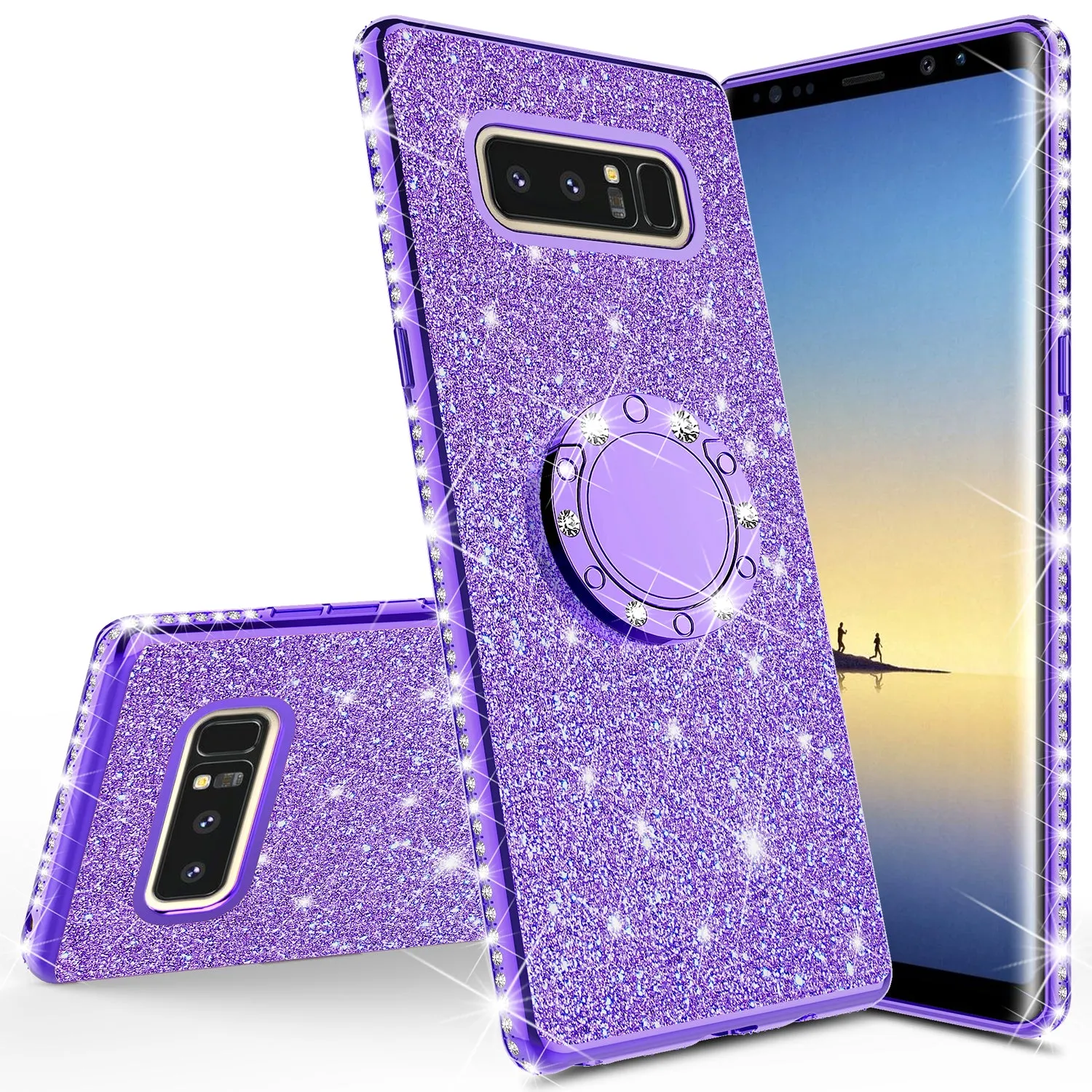 Samsung Galaxy Note 8 Case, Glitter Cute Phone Case Girls with Kickstand,Bling Diamond Rhinestone Bumper Ring Stand Sparkly Luxury Clear Thin Soft Protective Samsung Galaxy Note 8 Case for Girl Women - Purple