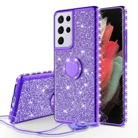 Samsung Galaxy S21 Ultra Case, Glitter Cute Phone Case Girls with Kickstand,Bling Diamond Rhinestone Bumper Ring Stand Sparkly Luxury Clear Thin Soft Protective Samsung Galaxy S21 Ultra Case for Girl Women - Purple