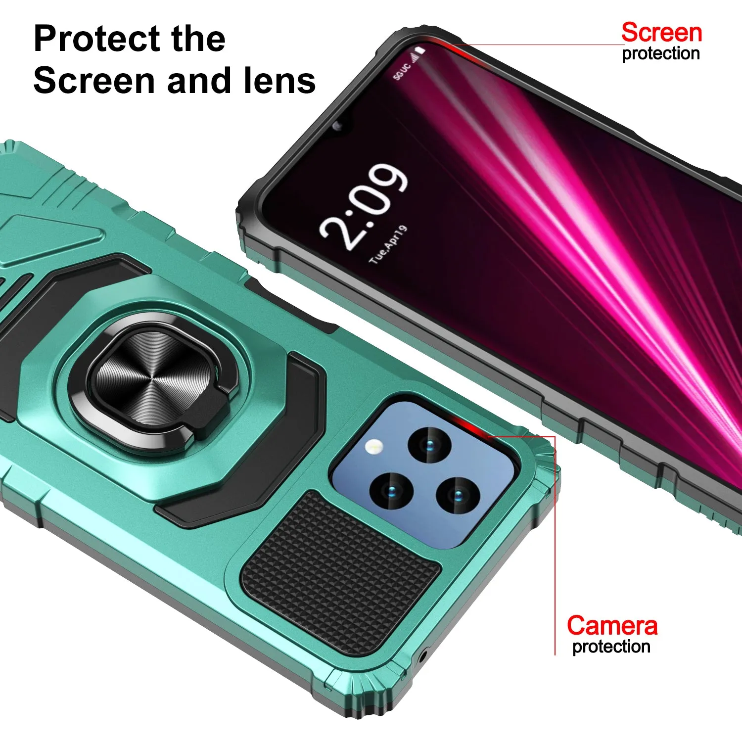 T-Mobile REVVL 6 5G Case [Military Grade] Ring Car Mount Kickstand w/[Tempered Glass] Hybrid Hard PC Soft TPU Shockproof Protective Case - Teal