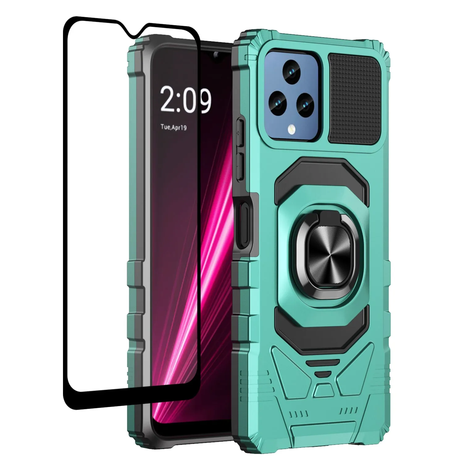 T-Mobile REVVL 6 5G Case [Military Grade] Ring Car Mount Kickstand w/[Tempered Glass] Hybrid Hard PC Soft TPU Shockproof Protective Case - Teal