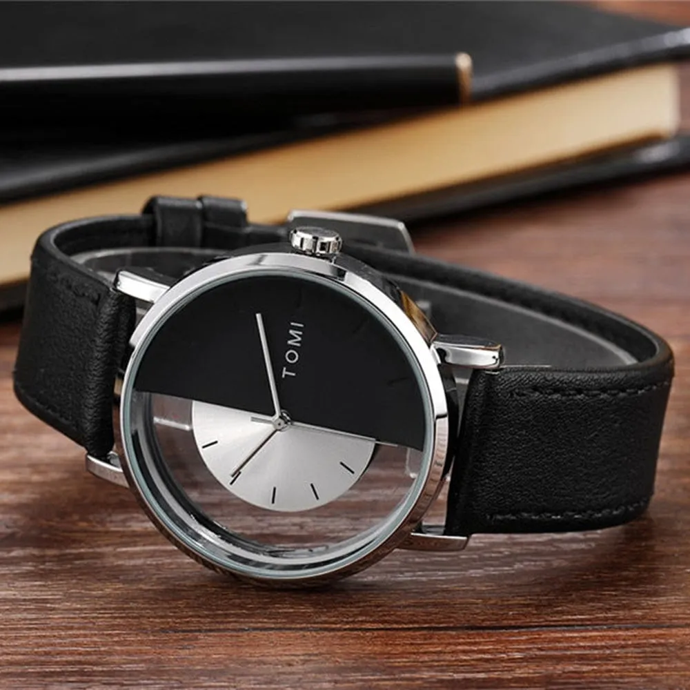 TOMI T-080 Transparent Design Leather Strap Watch For Men