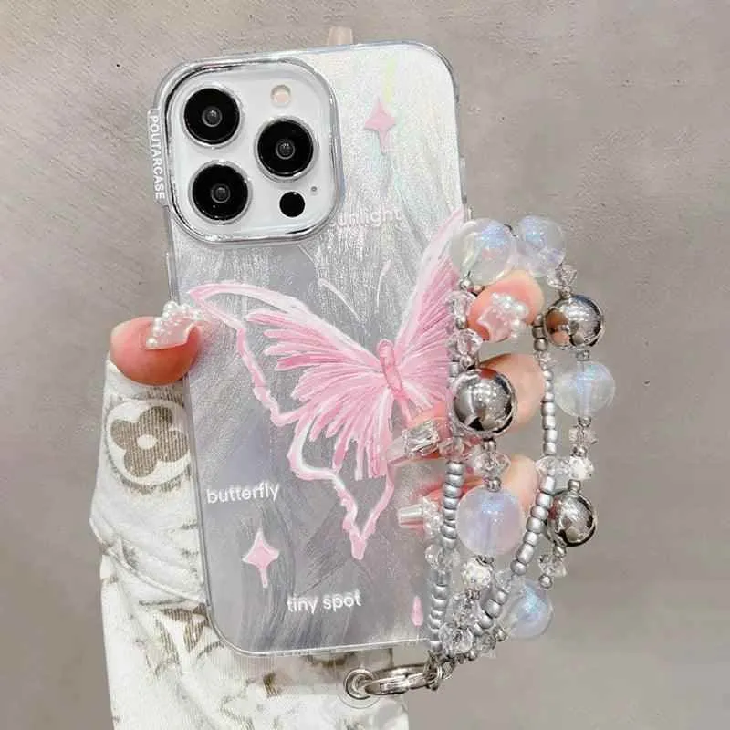 TSP173 Cute Phone Cases for Huawei Mate 60, 50, and 40 Pro and P40 and P50 Pro - Luxury Butterfly Bracelet Chain - Glitter Shiny Cover